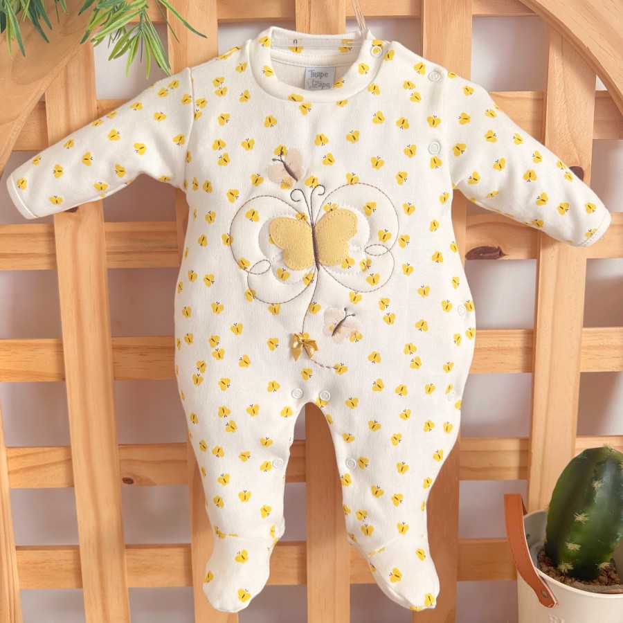 Macacão Malha Trape Zape - Borboleta e Borboletinhas - Off White e Amarelo